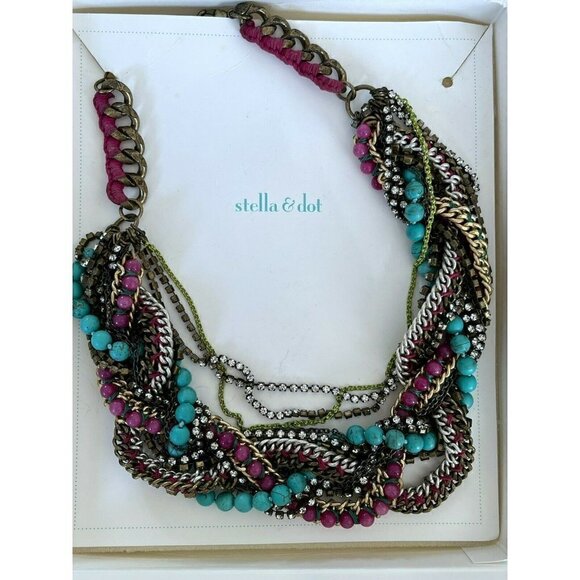 Stella & Dot Bamboleo Bohemian Statement Necklace Pink Turquoise - Picture 2 of 11